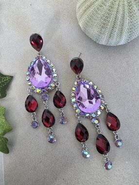 Lavender & Burgundy Crystal Chandelier Earrings – Silver Tone AB Rhinestone